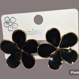 Black Enamel Flower Stud Earrings - Gold Trim